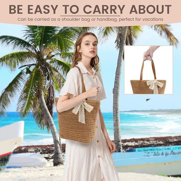 Straw Beach Bag Women Summer Tote Large Capacity Travel Handbag - Picture 6 of 7